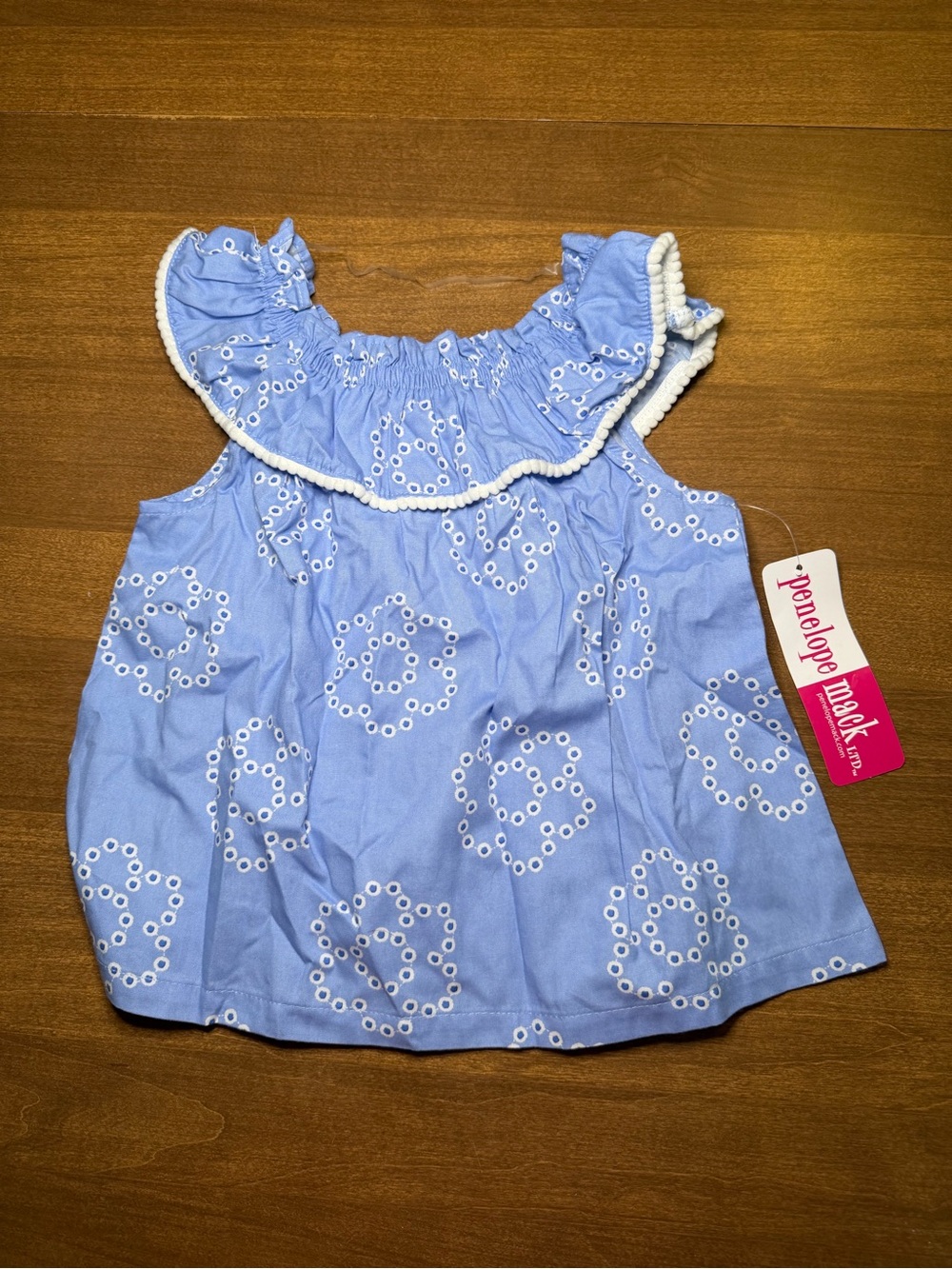 Penelope Mack Baby Girl Blue Eyelet Ruffle Off-Shoulder Top 18M
